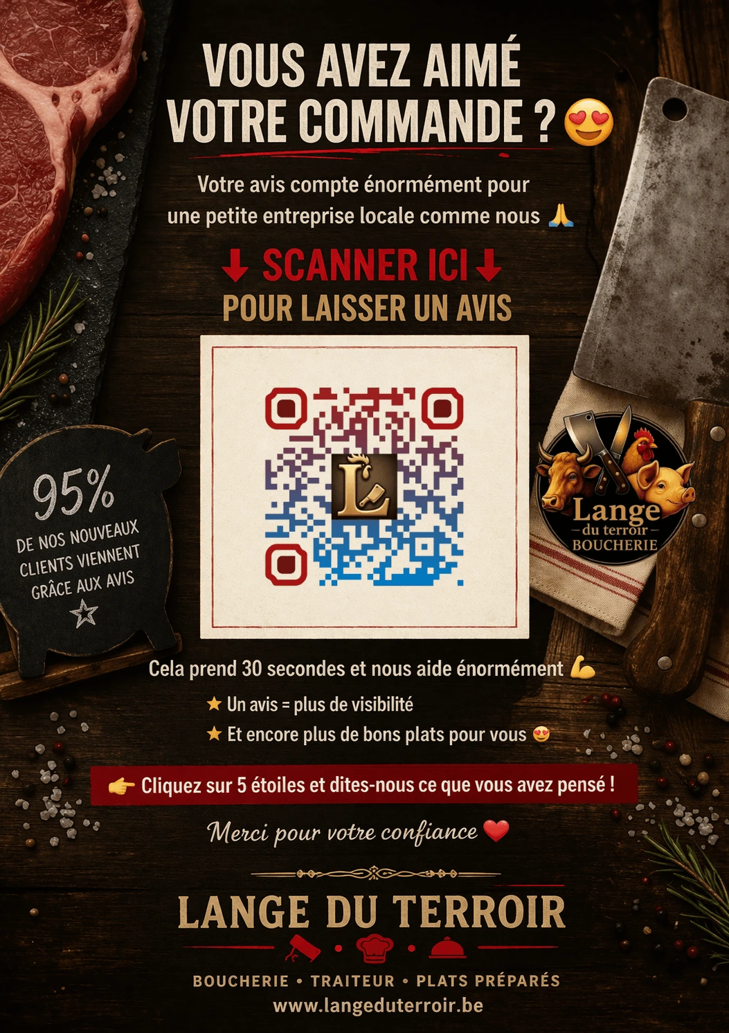Flyer QR code avis Google réalisé pour Lange du Terroir